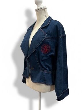 Fendi Vintage Dark Blue Denim Jacket with Red Embroidered Crest